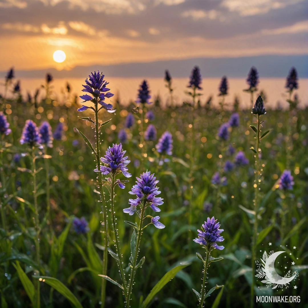 Крупный план нежных цветов на поле на фоне рассеянного заката с каплями дождя.