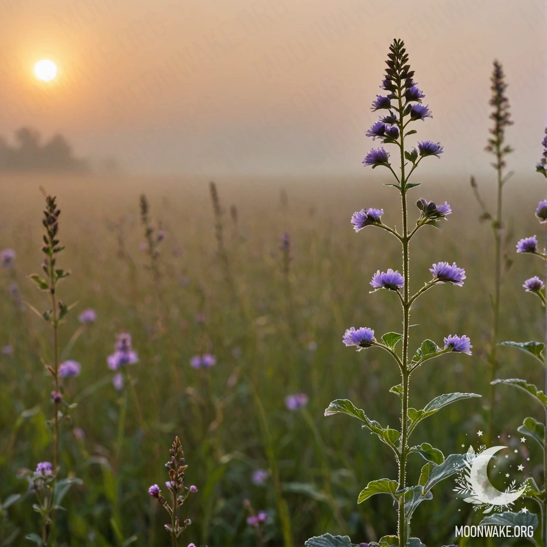 Крупный план нежных полевых цветов на фоне размытого заката, окруженного густым туманом.