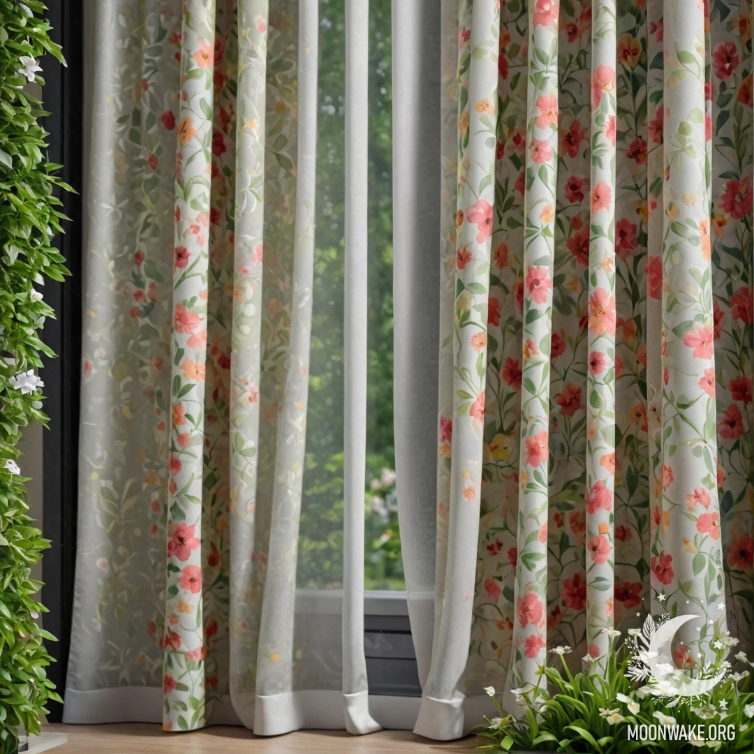 Крупный план цветочной занавески с видом на цветущий сад за окном.