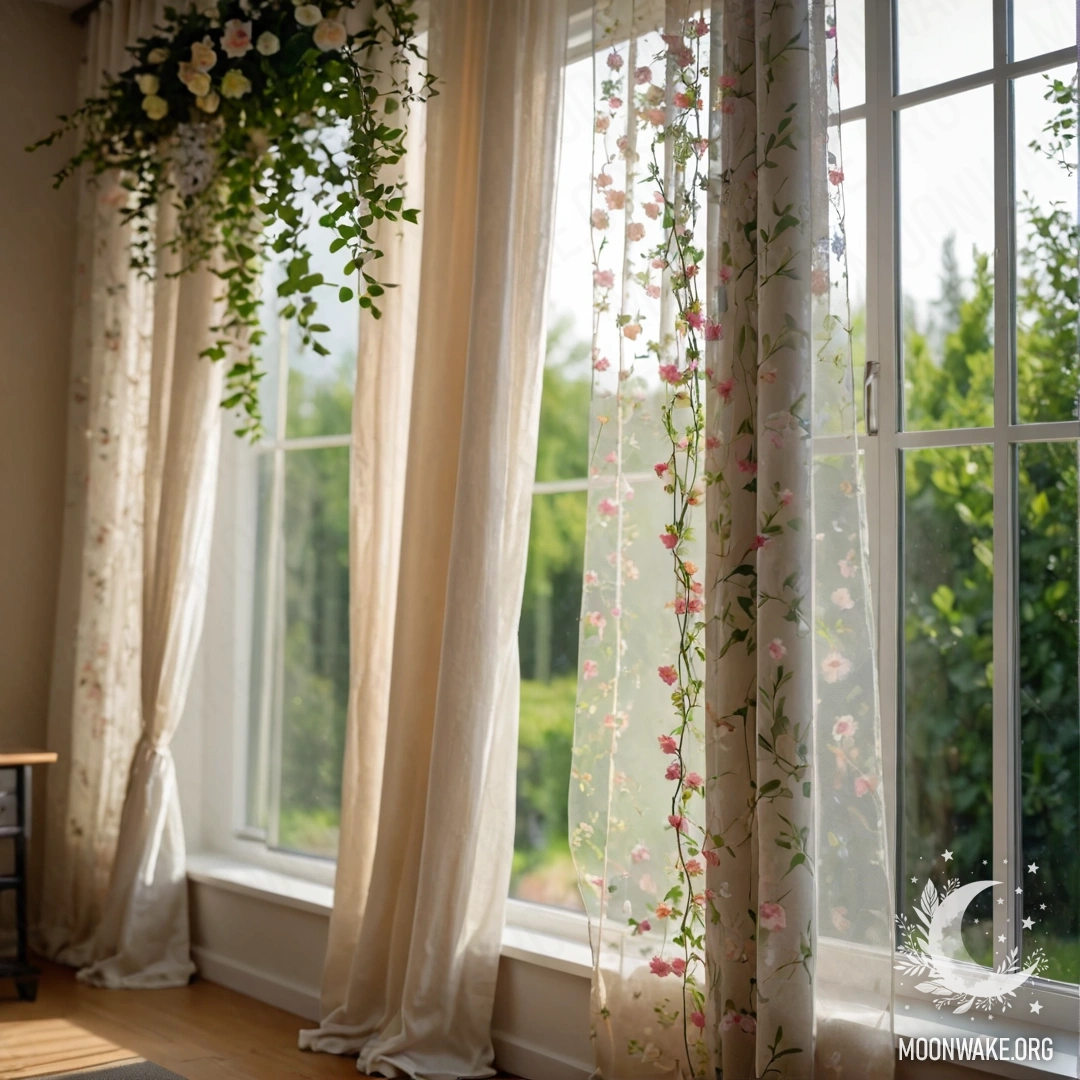 Крупный план цветочной занавески, за которой виден размытый сад.