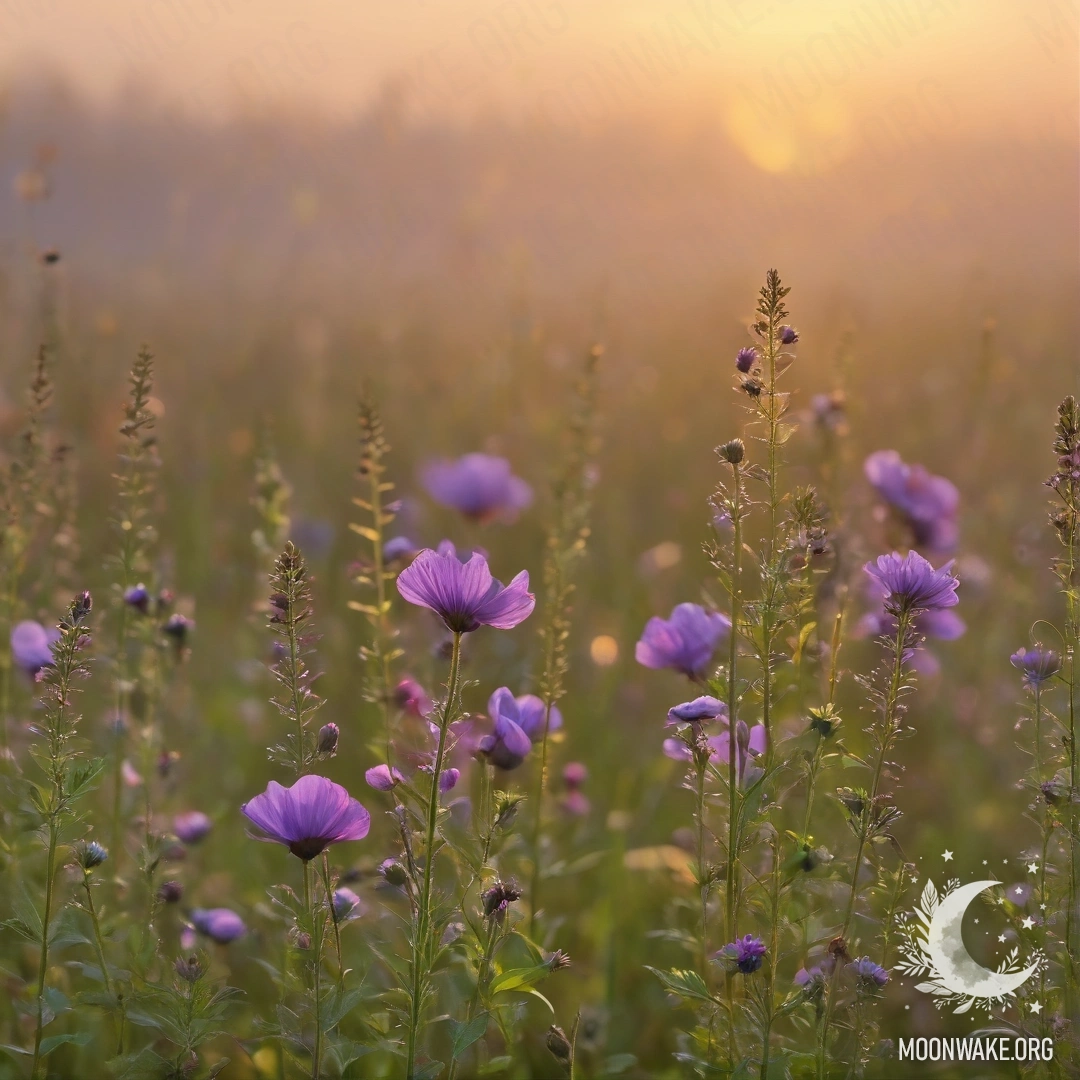 Крупный план нежных полевых цветов на фоне мягкого боке, окутанных туманом на закате.