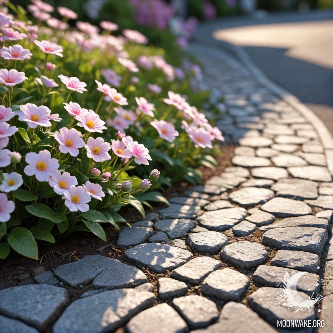 Старый каменный бордюр, украшенный мелкими белыми и розовыми цветами, освещенный теплыми оттенками заката.