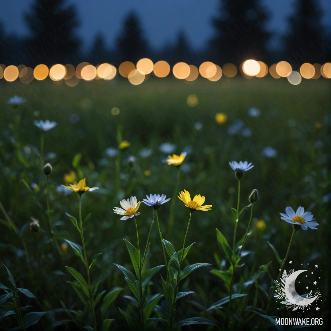 Крупный план полевых цветов на фоне размытых лесных пейзажей ночью.