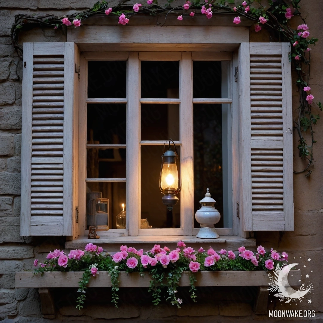 Кресло у потрескавшейся стены, на нем одеяло и букет цветов, освещенный гирляндами.