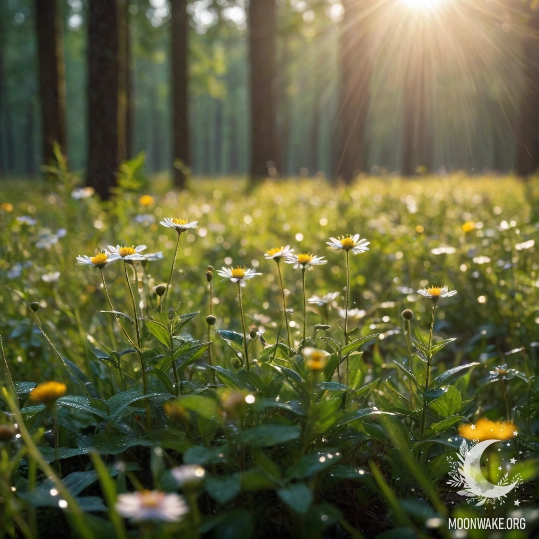 Крупный план нежных полевых цветов на фоне размытого леса, освещенного солнечными лучами.