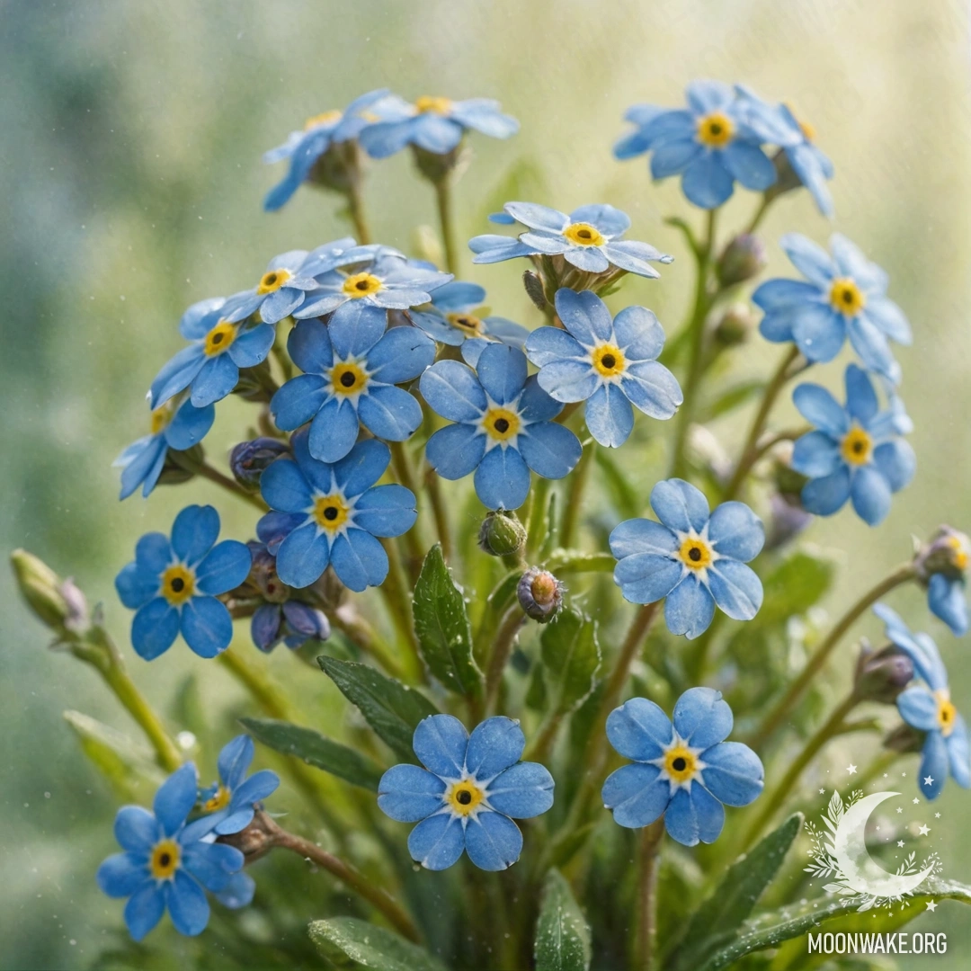 Нежный букет зеленовато-голубых незабудок в окружении тумана и солнечных лучей.