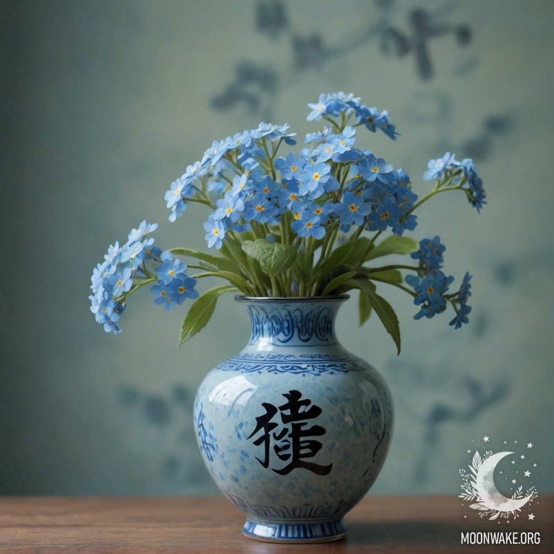 Ваза с нежными незабудками в туманной обстановке с зелено-голубыми оттенками.