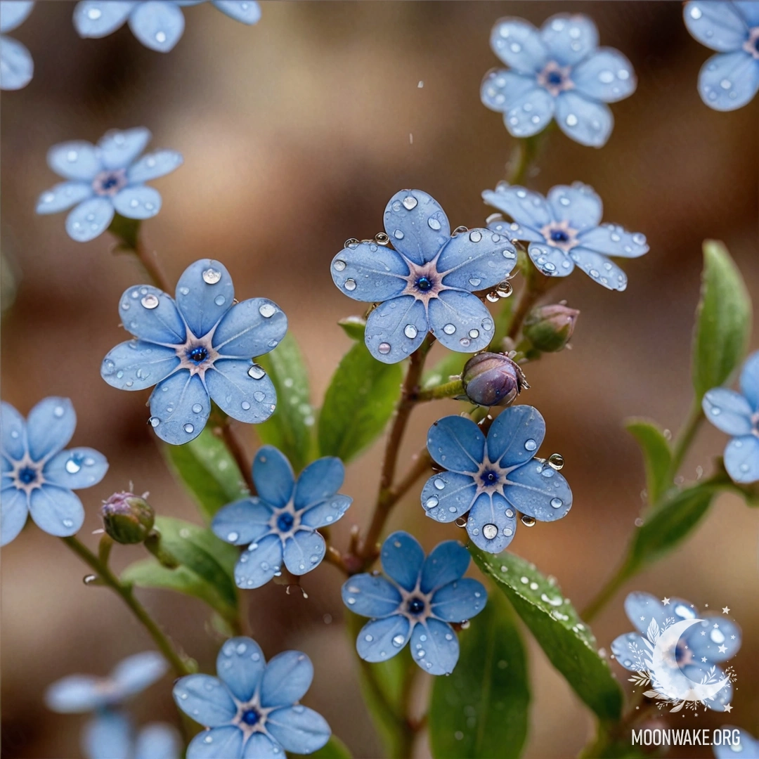 Красивое акварельное изображение незабудок с каплями росы на фоне кофейного цвета.
