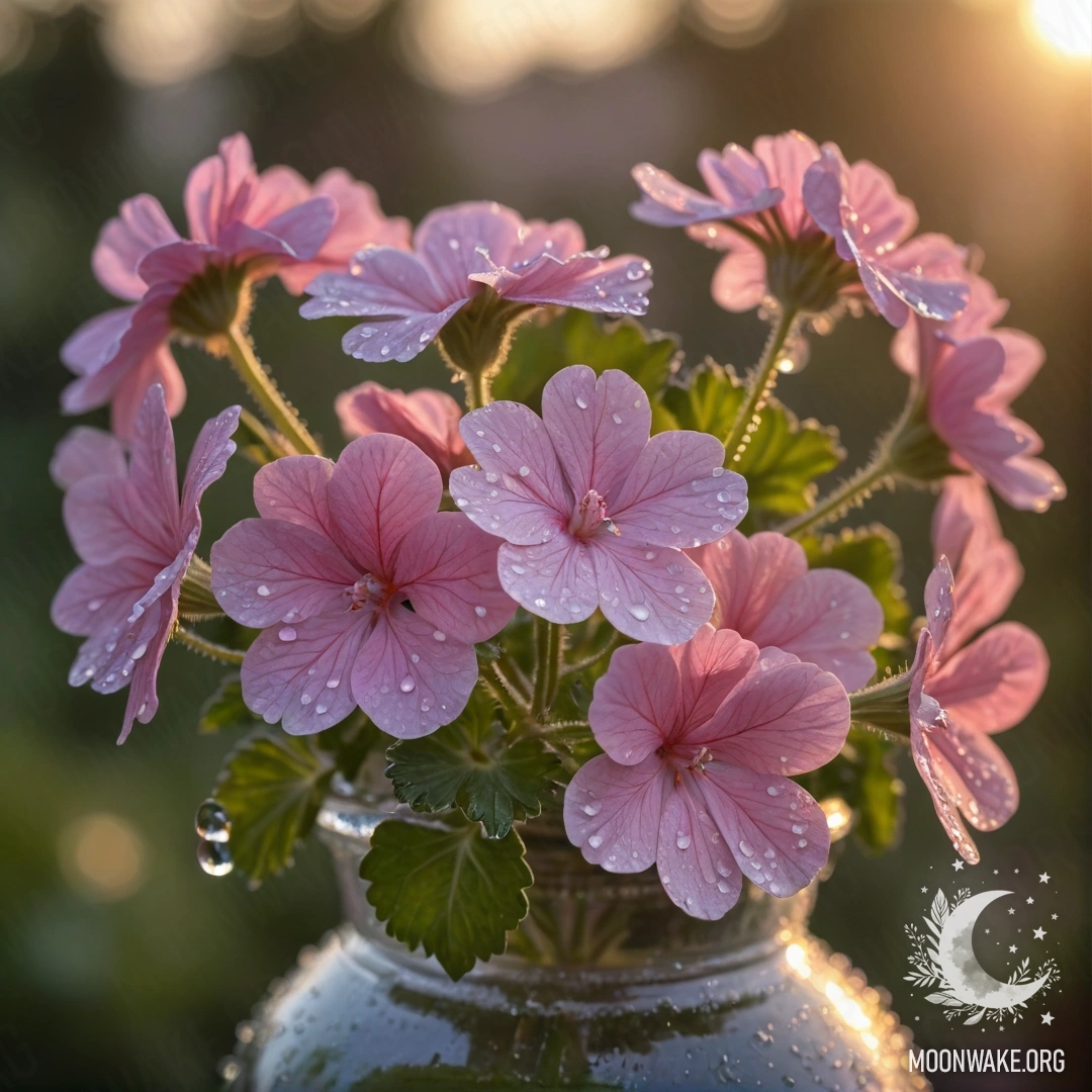 Ваза с нежным геранем, украшенным каплями росы на фоне заката.