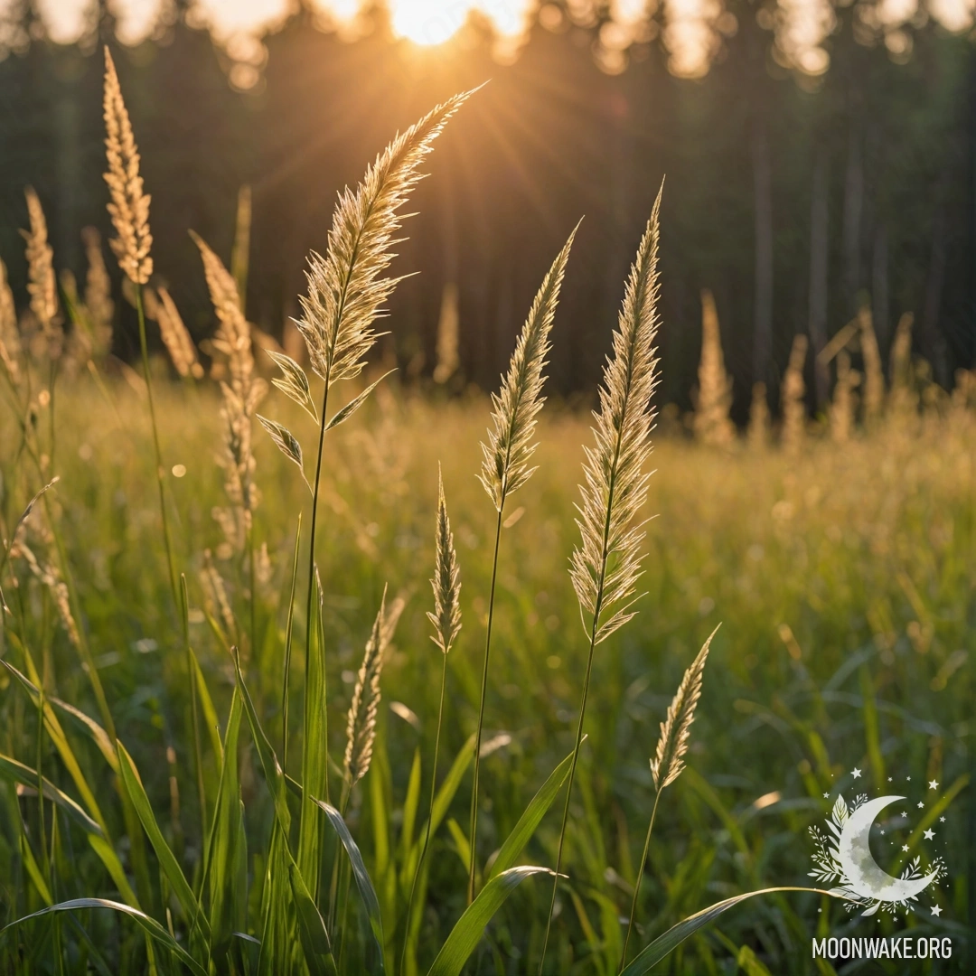 Крупный план милой травы на фоне размытого леса на закате.