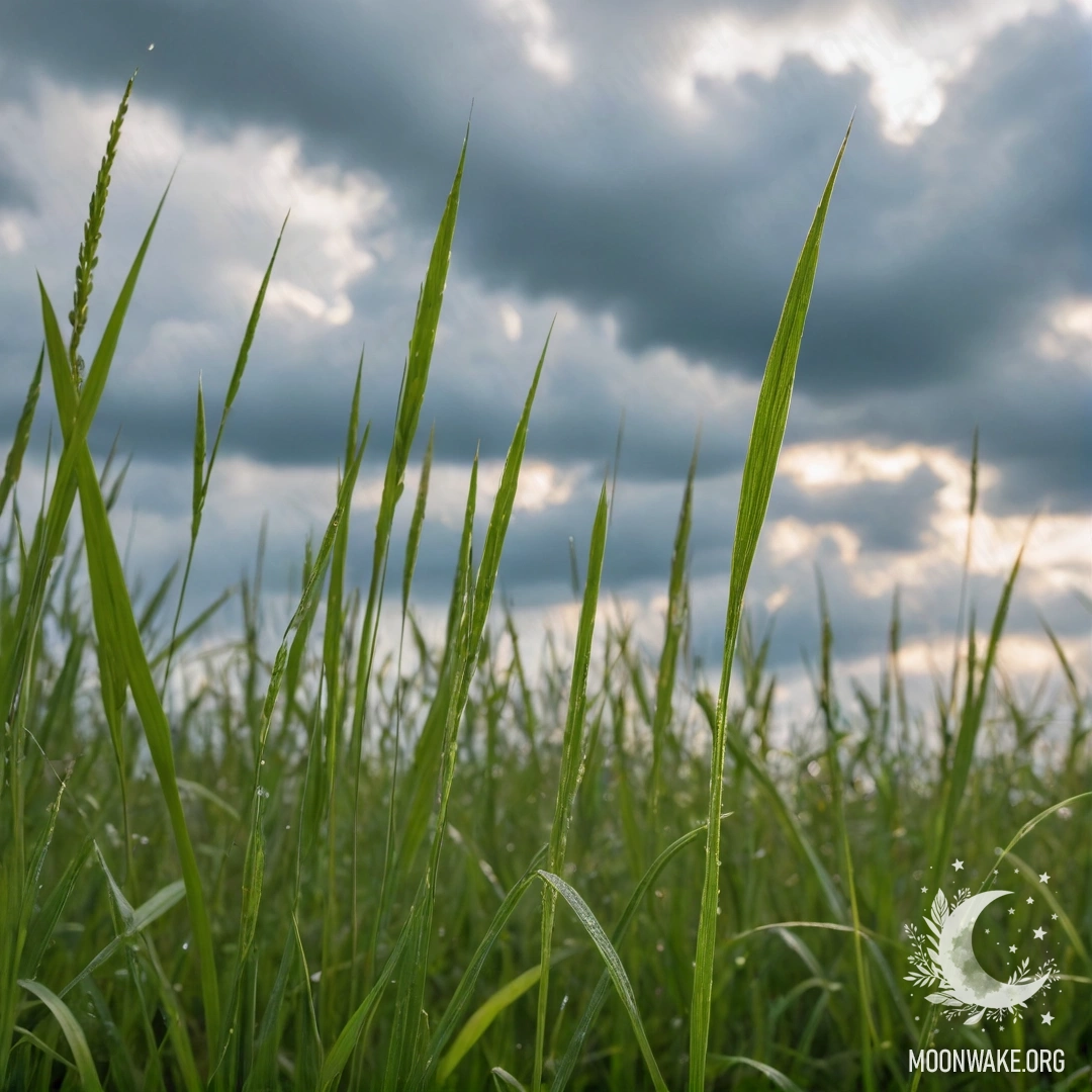 Крупный план нежной полевой травы на фоне мягкого размытого неба с облаками и дождем.
