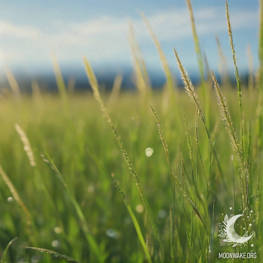 Крупный план травы на солнечном поле с размытым небом на фоне.