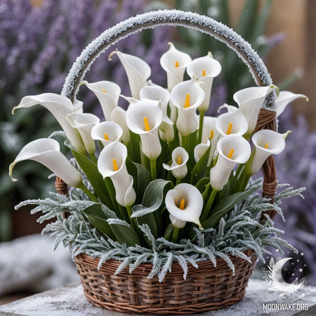 Корзина, наполненная лилиями лаванда, лежащими в инее