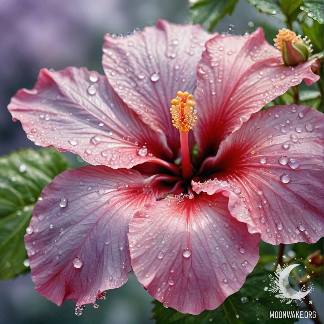 Акварельная картина лавандового гибискуса, украшенного росинками и стразами.