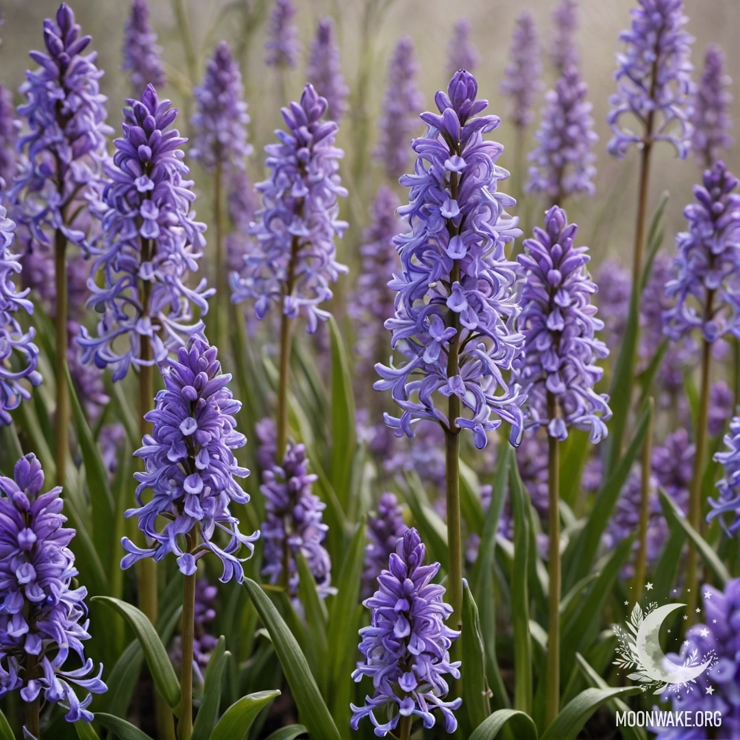 Лавандовый гиацинт, окруженный туманом, с узорами в стиле Ар Нуво.