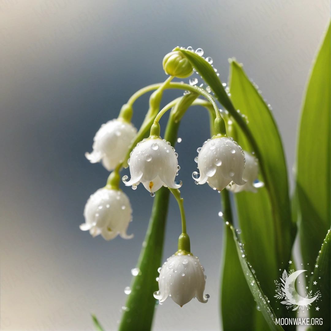 Крупный план цветов лилии долины, украшенных каплями росы, на фоне кремово-желтого цвета, освещенном солнечными лучами.