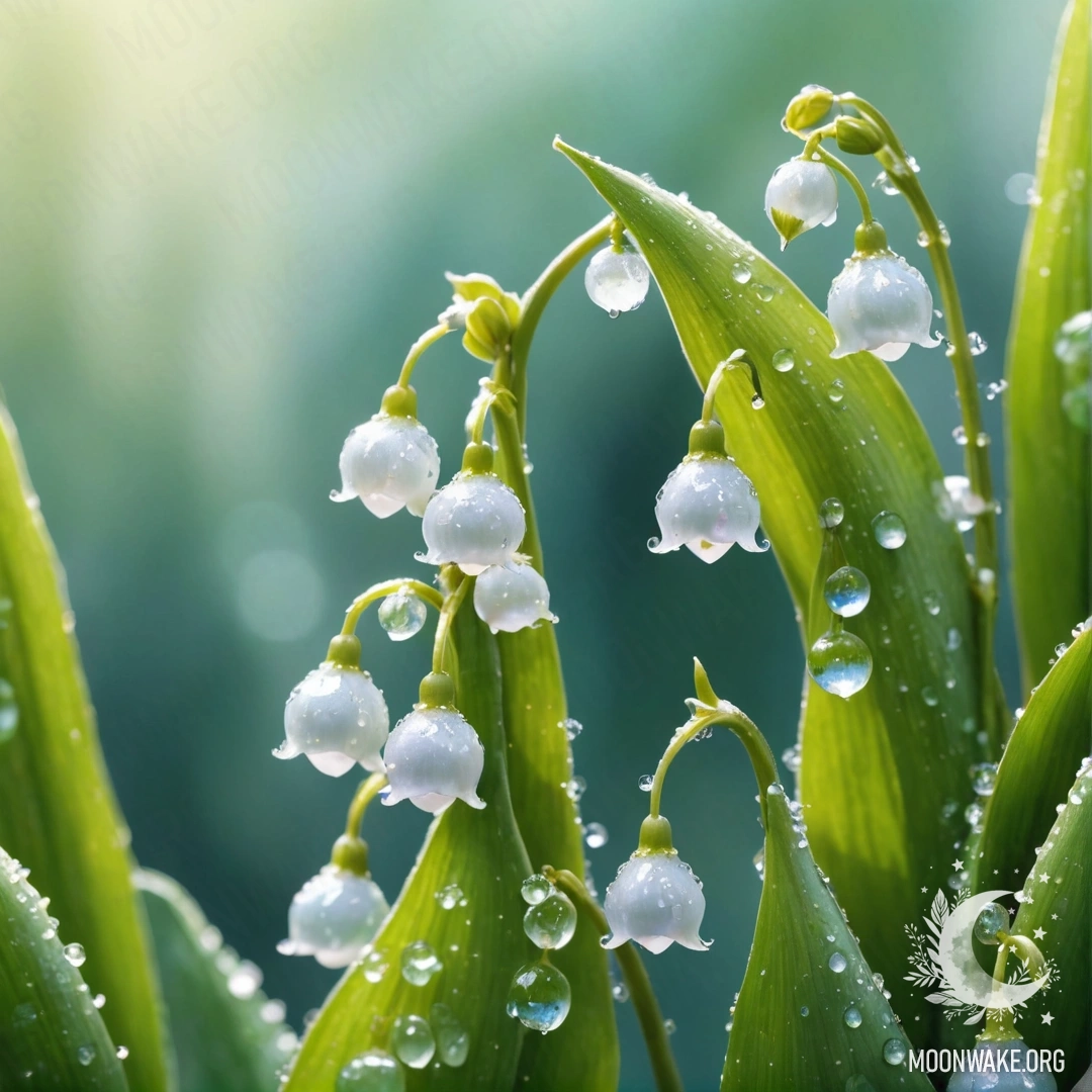 Акварельная картина с лилией в долине с росинками и блестящими стразами, в зелено-голубых тонах.