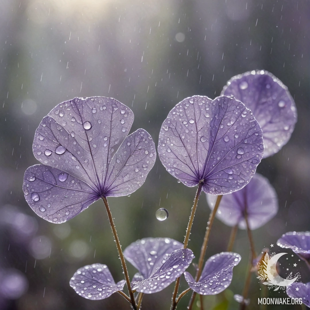 Нежная лунария лавандового цвета, цветущая в тумане, освещённая солнечными лучами и дождём.