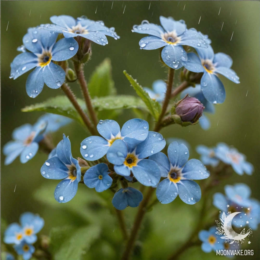 Фон из нежных незабудок цвета мяты, цветущих под легким дождем.