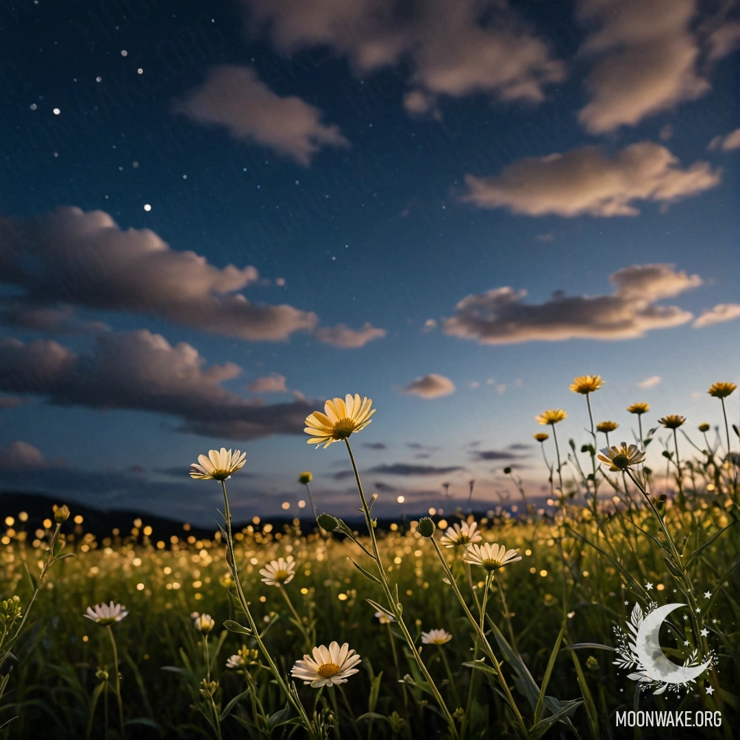 Крупный план нежных полевых цветов на фоне размытого ночного неба