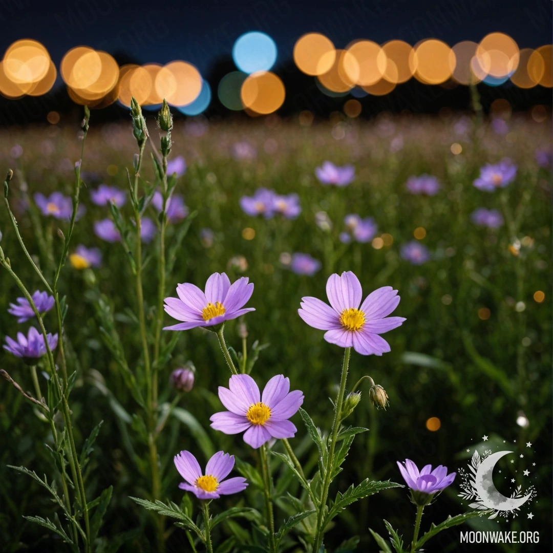 Крупный план нежных полевых цветов на фоне мечтательного боке ночью.