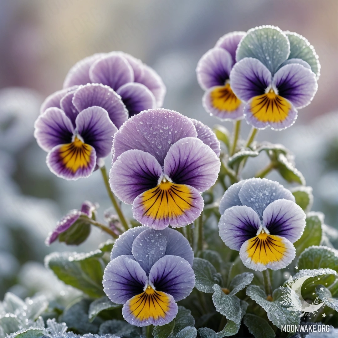 Крупный план нежных анютиных глазок на морозном фоне.