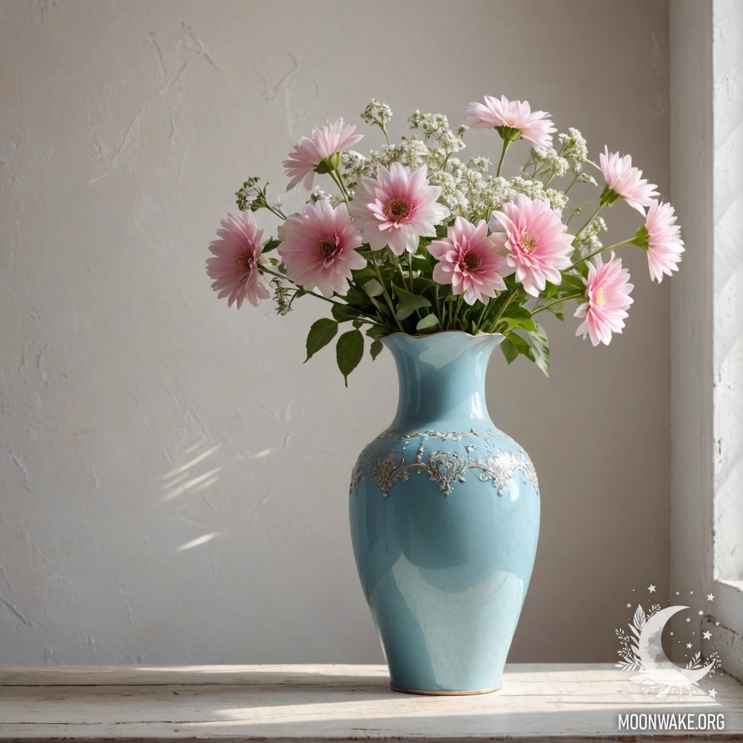 Старинная металлическая ваза пастельного синего цвета, наполненная белыми и розовыми цветами, на фоне белой стены, сквозь которую пробиваются солнечные лучи.