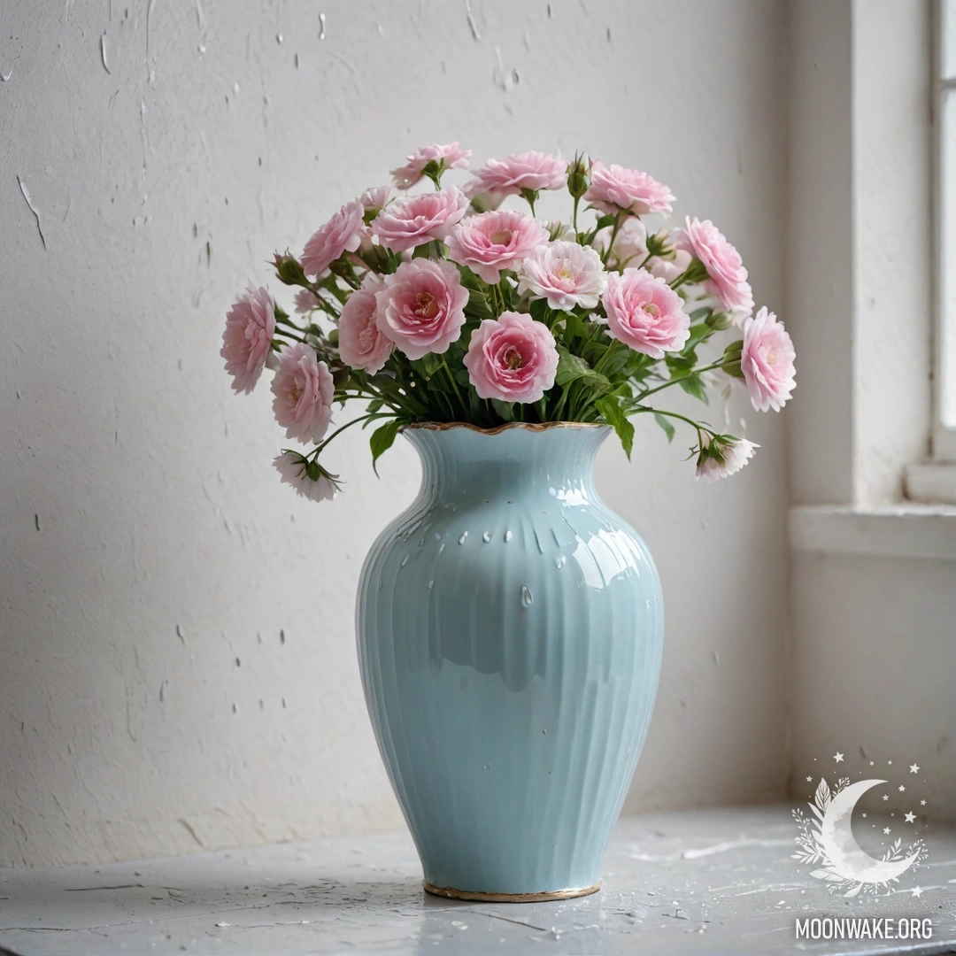 Потрепанная пастельная синяя ваза, наполненная белыми и розовыми цветами, на фоне обветшалой белой стены под дождём.