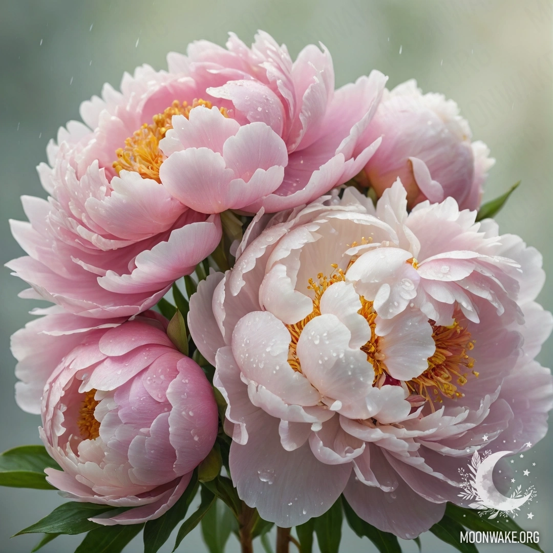 Прекрасный букет нежных пионов, украшенный каплями росы.