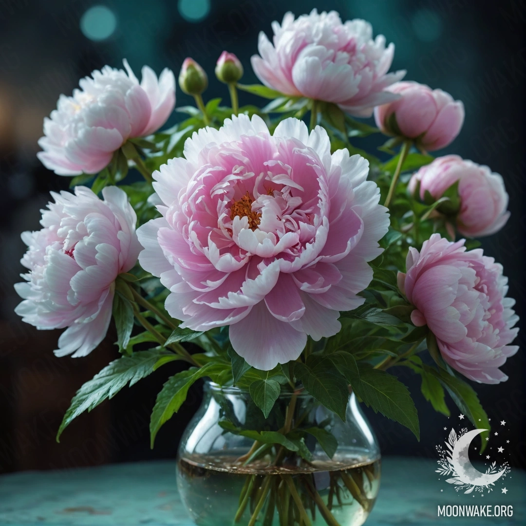 Нежный пион, помещённый в вазу мятного цвета, ночью.
