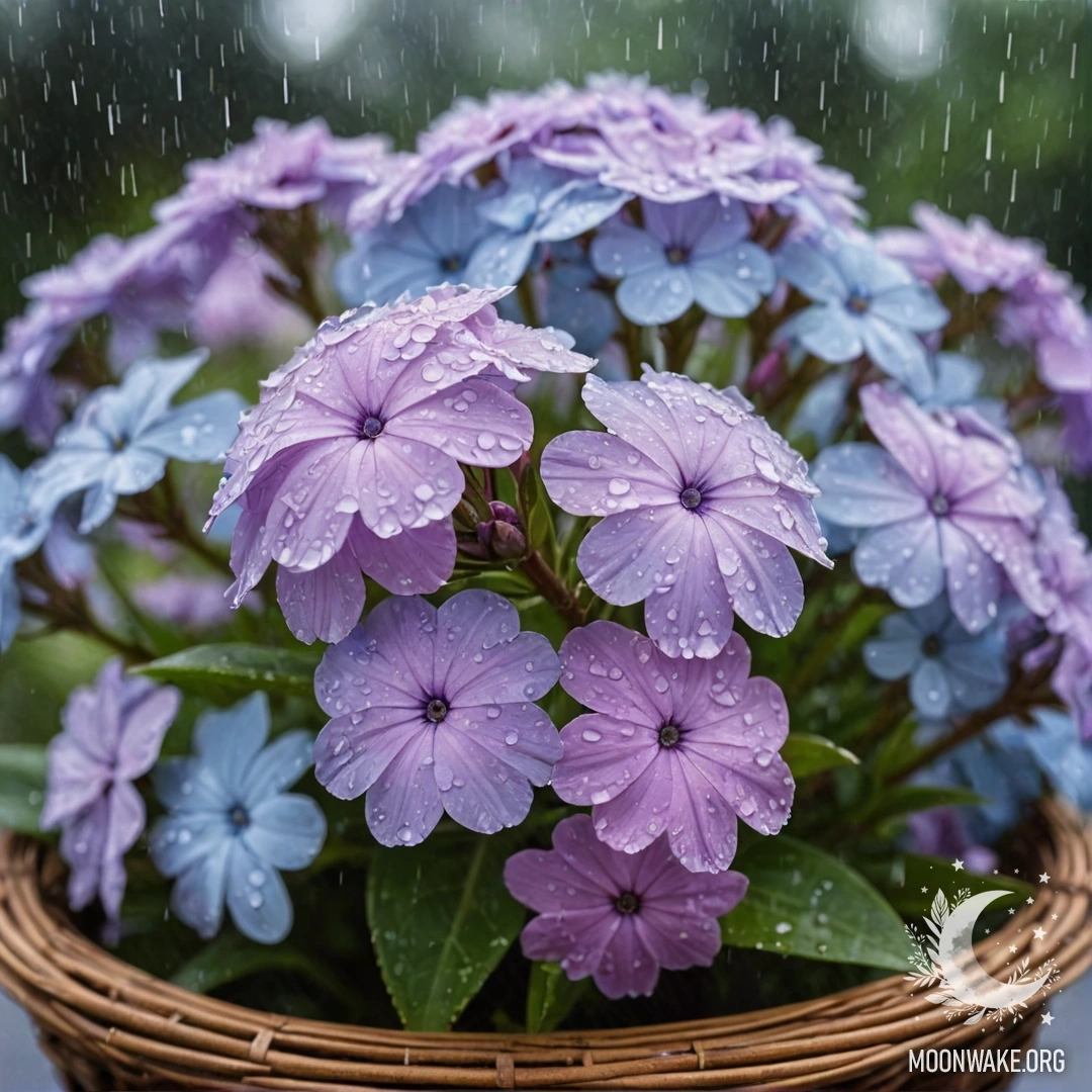 Корзина, наполненная цветами флокса небесного цвета, с каплями дождя.