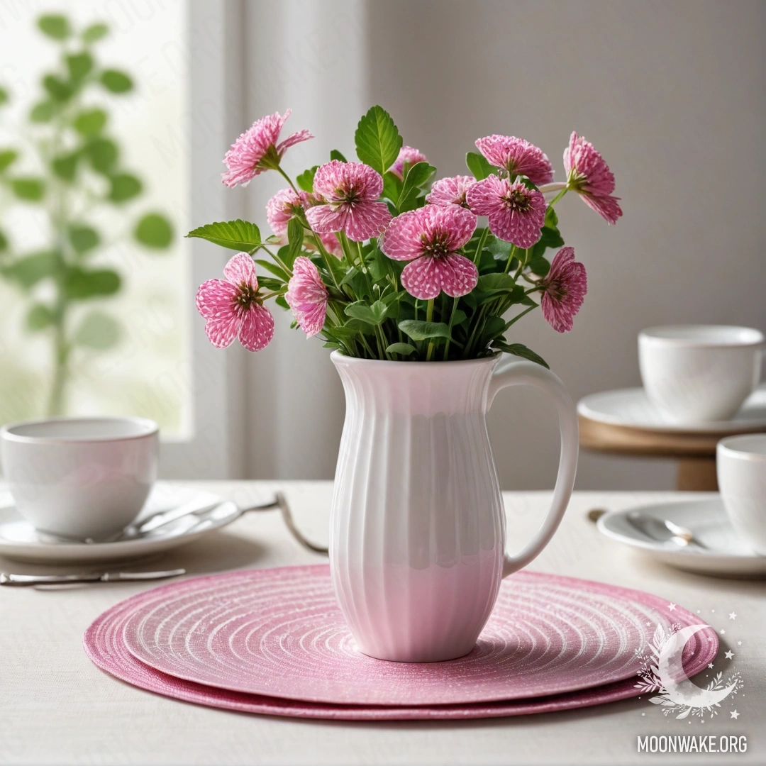 Круглая соломенная салфетка, на которой стоят белые фарфоровые чашки с розовым узором и клевер в белой вазе.