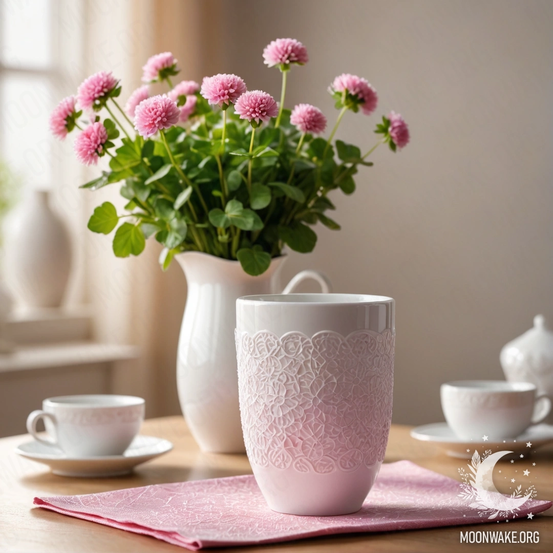 Круглая соломенная салфетка с белыми фарфоровыми чашками с розовым узором и деткой клевера в белом вазе на фоне солнечного света.