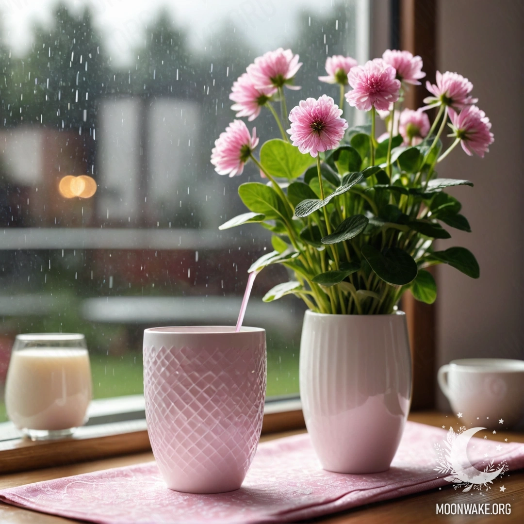 Круглая соломенная салфетка с белыми фарфоровыми чашками с розовым узором, рядом с белой вазой с клевером, под падающим дождём.