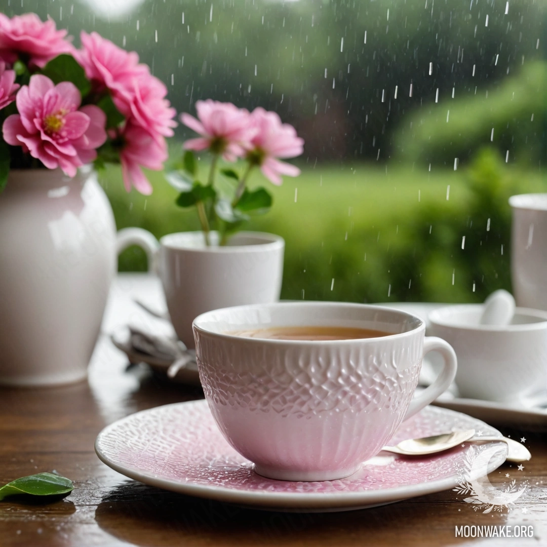 Круглая соломенная салфетка с фарфоровыми чашками белого цвета с розовым узором, а также белым вазочкой с клевером, все под дождем.