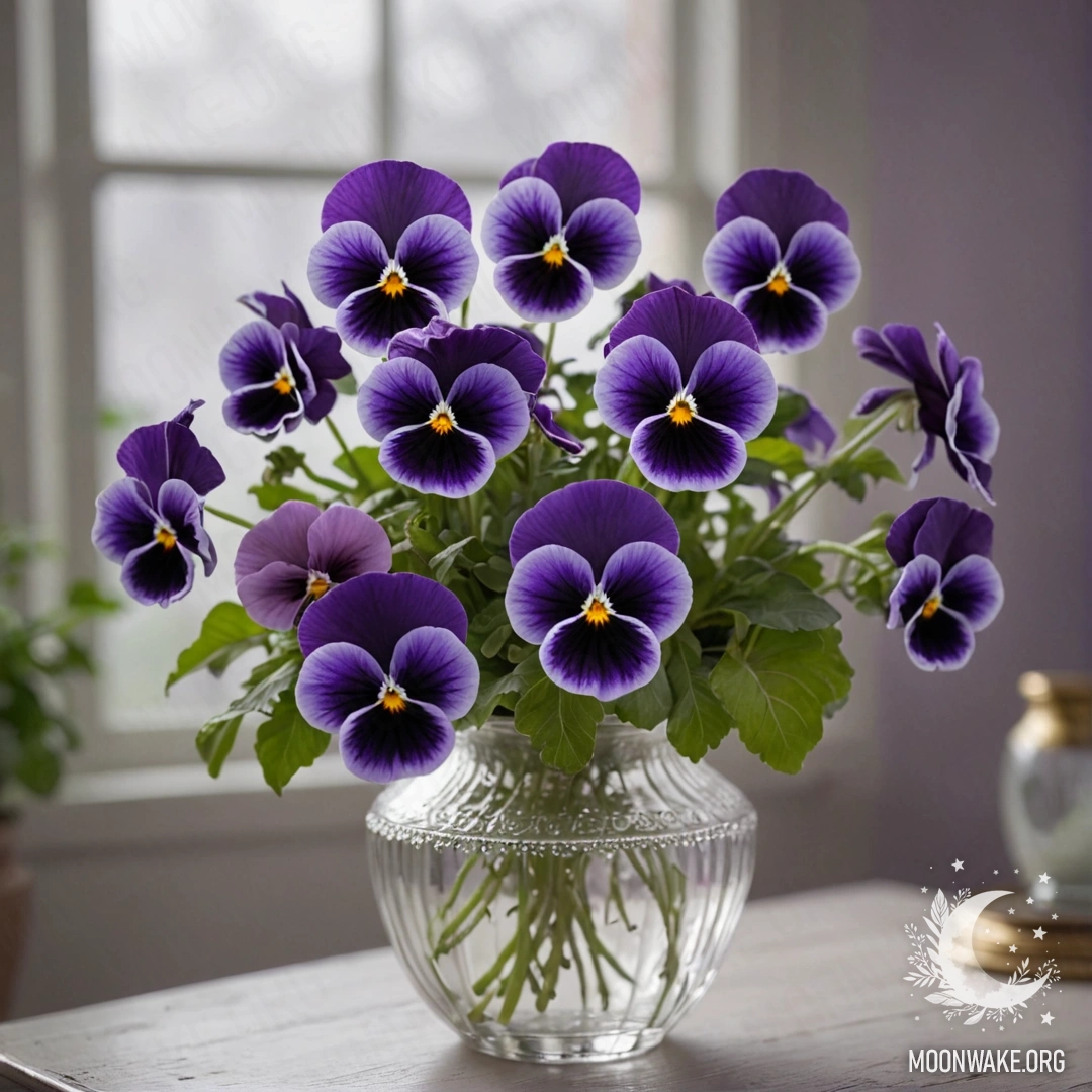 Ваза, наполненная фиолетовыми анютиными глазками, окруженная туманом.