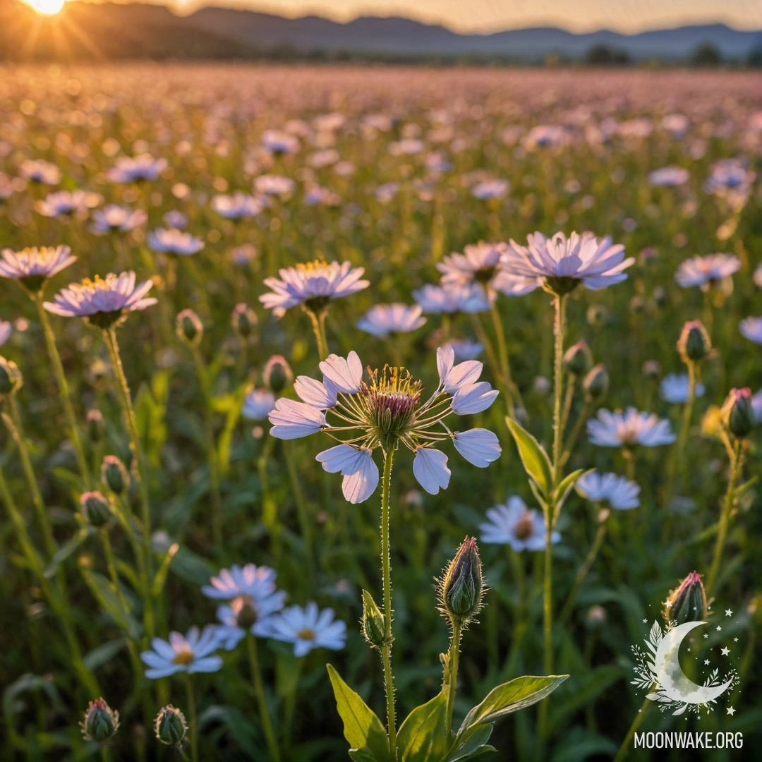 Крупный план милых полевых цветов на фоне размытых цветов на закате.