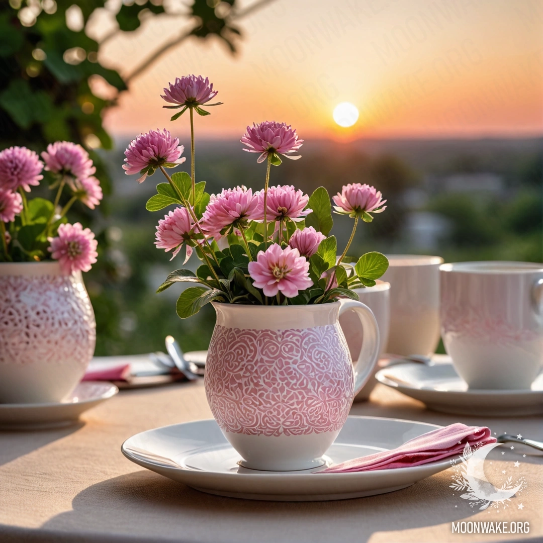 Круглая соломенная салфетка с белыми фарфоровыми чашками с розовым узором и клевером в белой вазе на фоне заката.