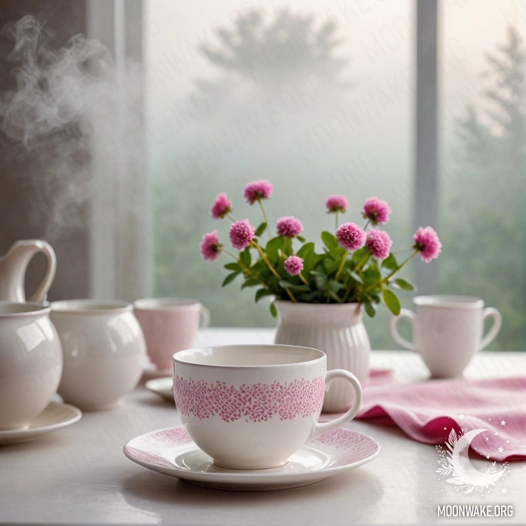 Круглая соломенная салфетка с белыми фарфоровыми чашками и розовым узором, клевер в белом вазе, окутанные густым туманом.