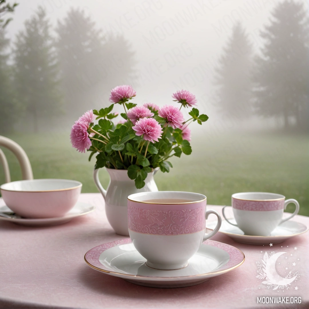 Круглая соломенная салфетка с белыми фарфоровыми чашками и вазой с клевером в тумане.