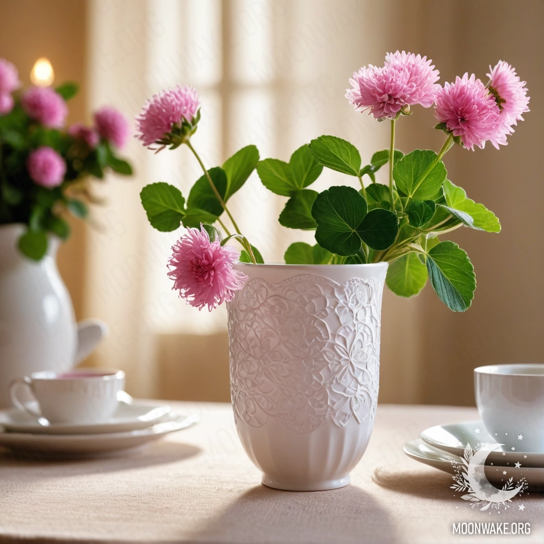 Круглая соломенная салфетка с белыми порцеляновыми чашками с розовым узором, рядом с белым вазоном с клевером, мягко подсвеченным гирляндой.