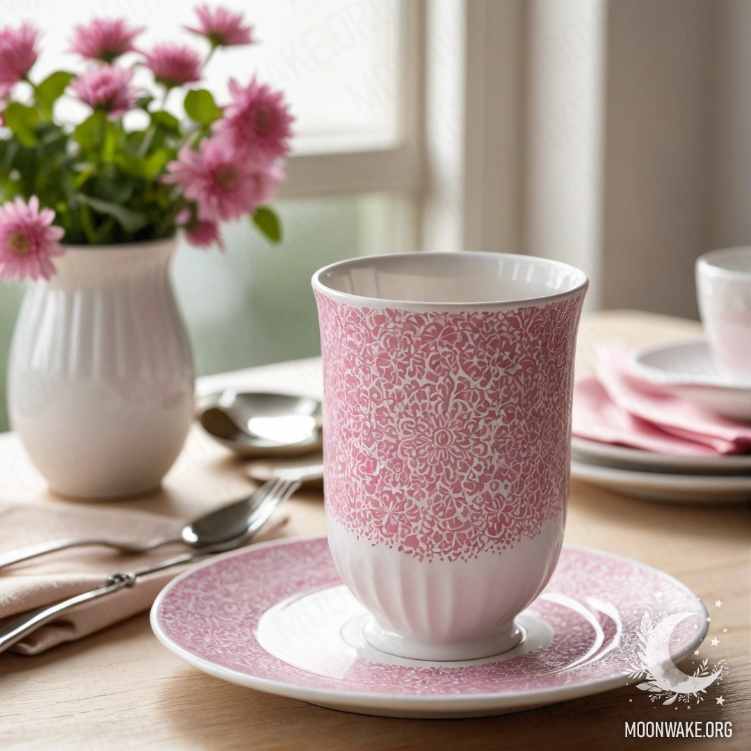 Круглая соломенная салфетка с белыми фарфоровыми чашками с розовым узором и клевером в белой вазе, освещенная солнечными лучами.