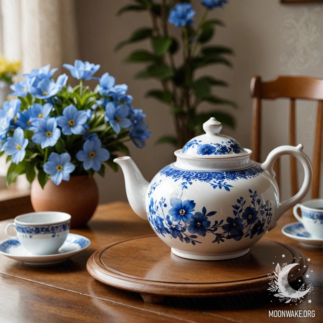 Круглый деревянный стол с фарфоровым чайником, наполненным голубыми цветами.