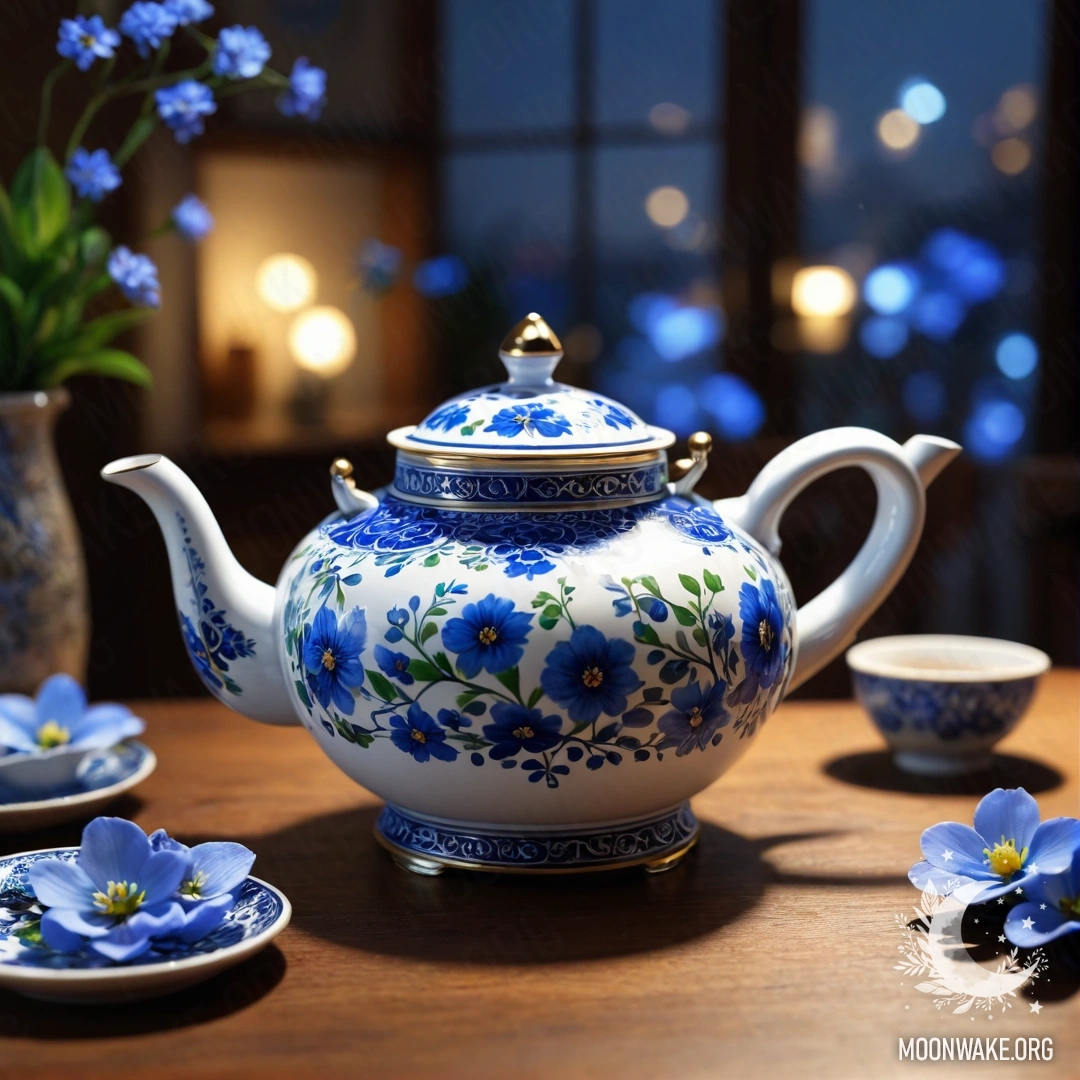 Фарфоровый чайник с голубыми цветами на круглой деревянной столе ночью.