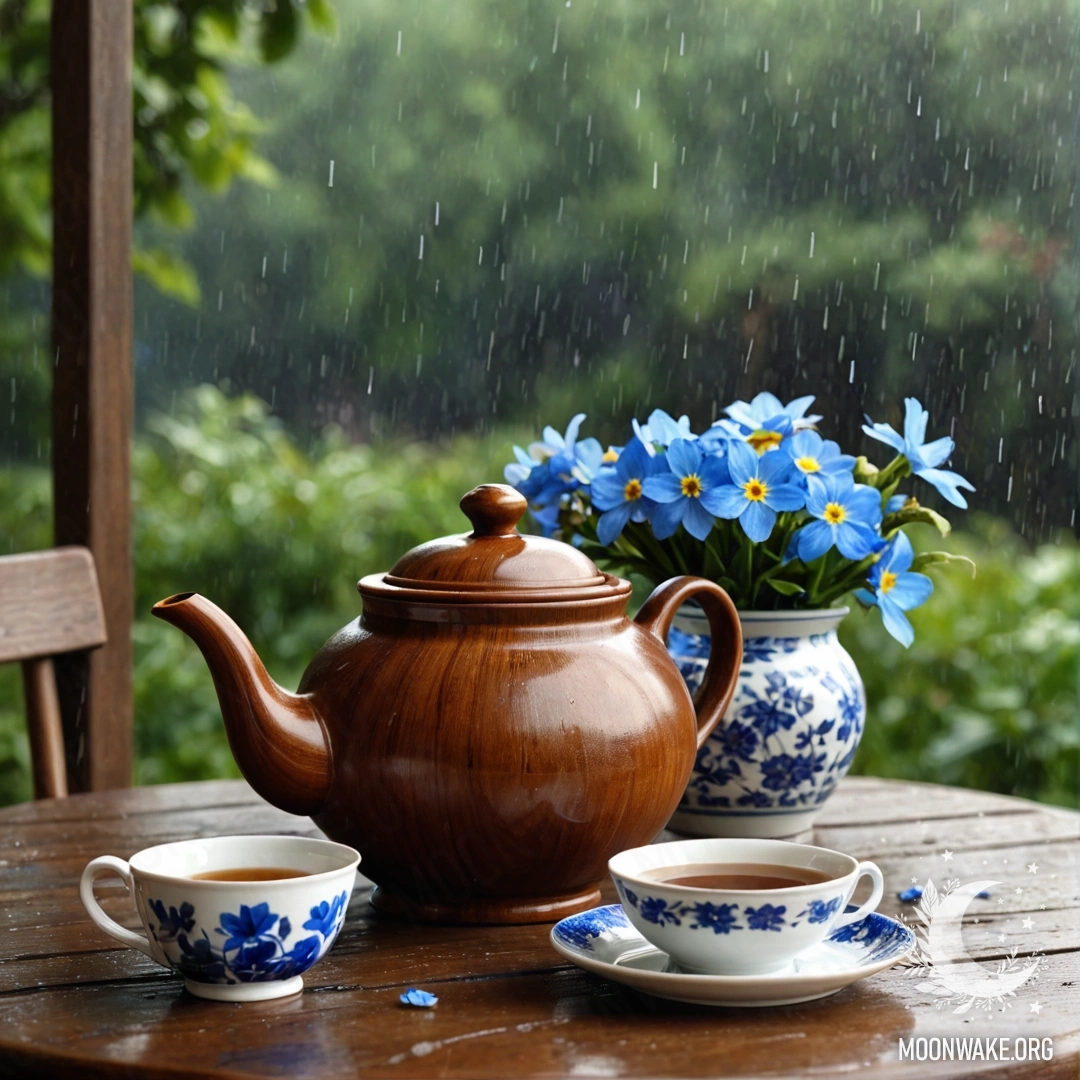 Круглый деревянный стол, украшенный фарфоровым чайником с голубыми цветами под мягким дождем.