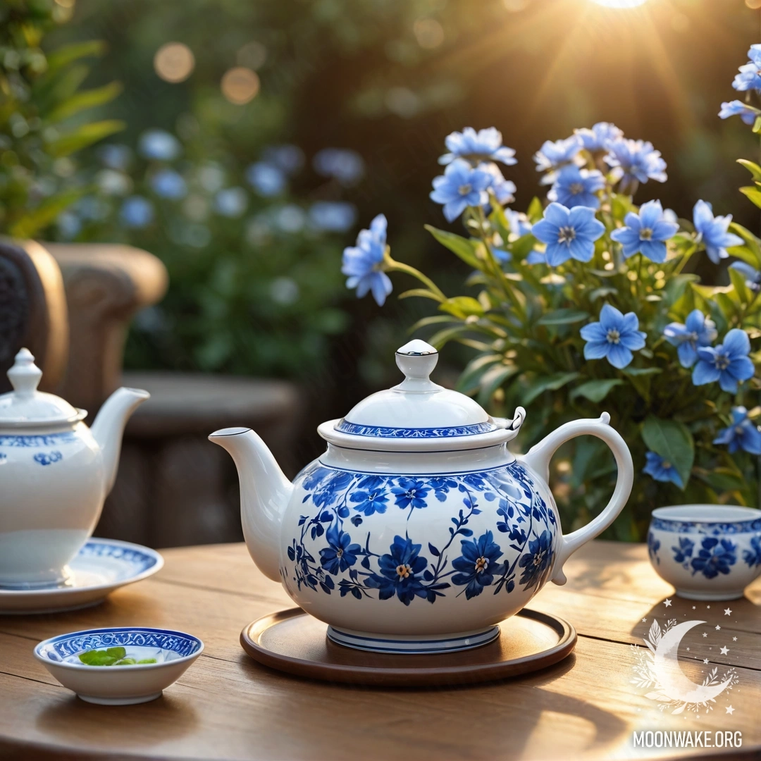 Круглый деревянный стол, украшенный фарфоровым чайником с синими цветами на закате.