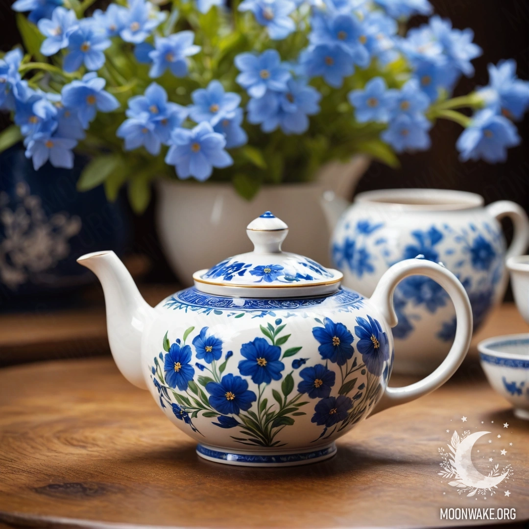 Круглый деревянный стол с фарфоровым чайником, наполненным голубыми цветами.