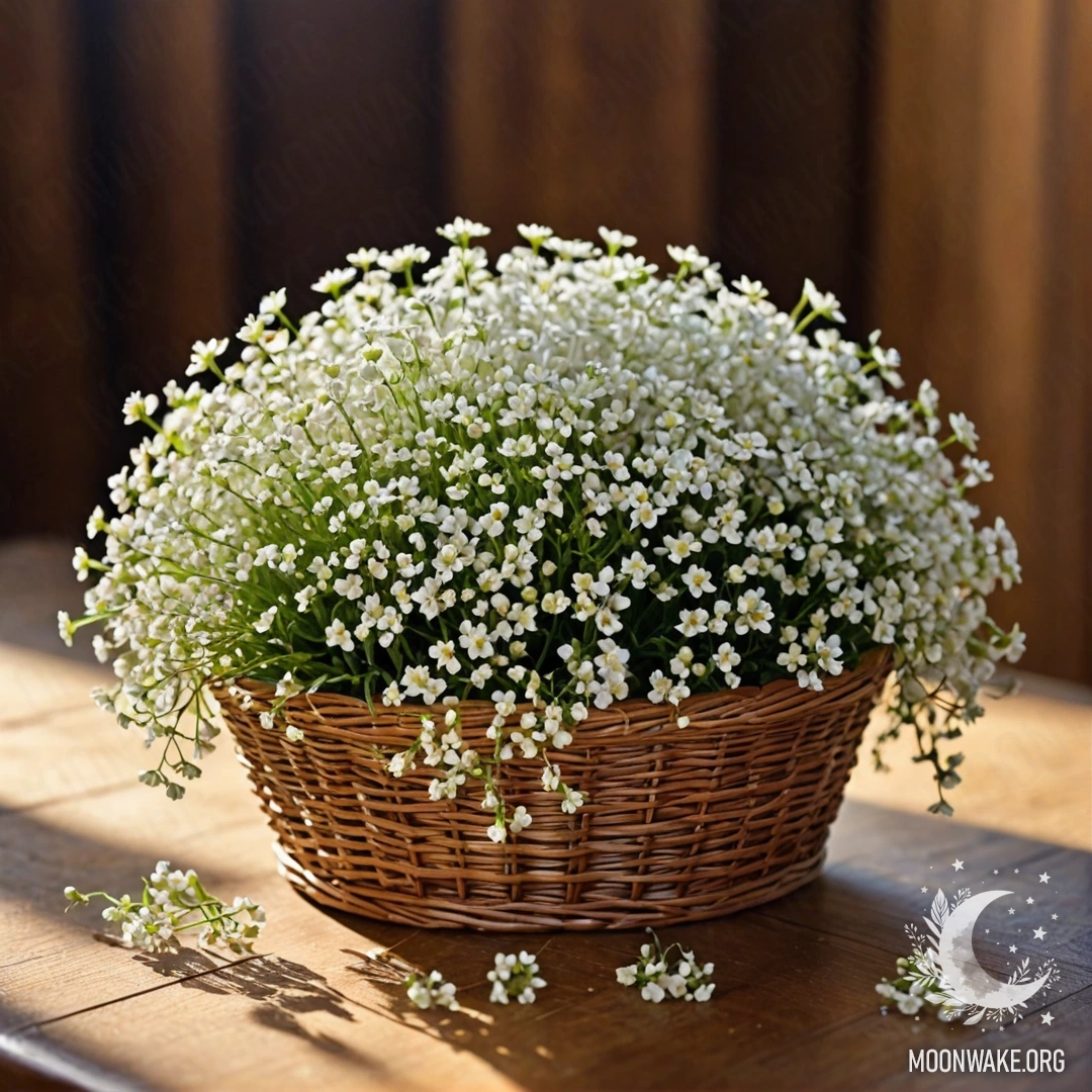 Корзинка, наполненная маленькими белыми цветами, на деревянном столе, освещенная солнечными лучами.
