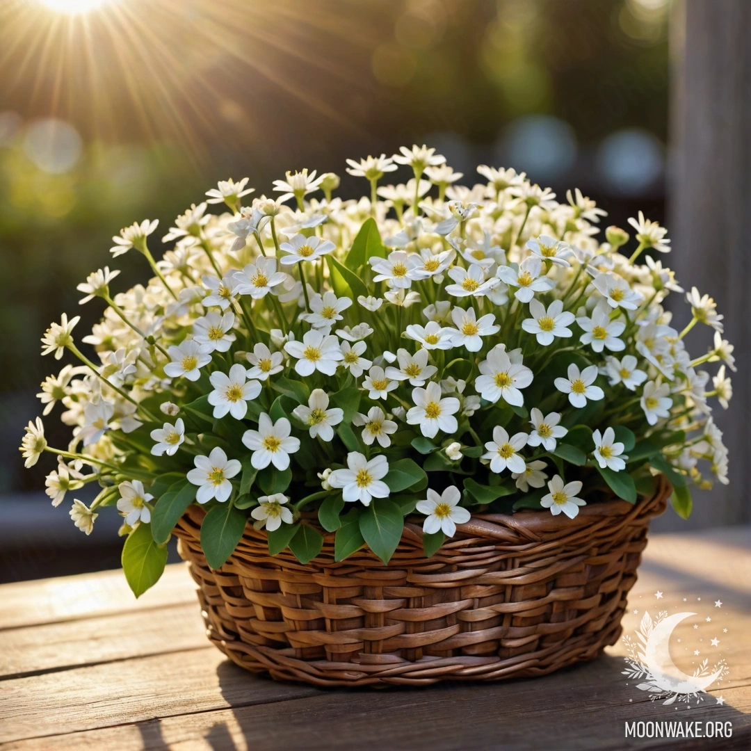 Красивая корзина с маленькими белыми цветами на деревянном столе, залитая светом заката.