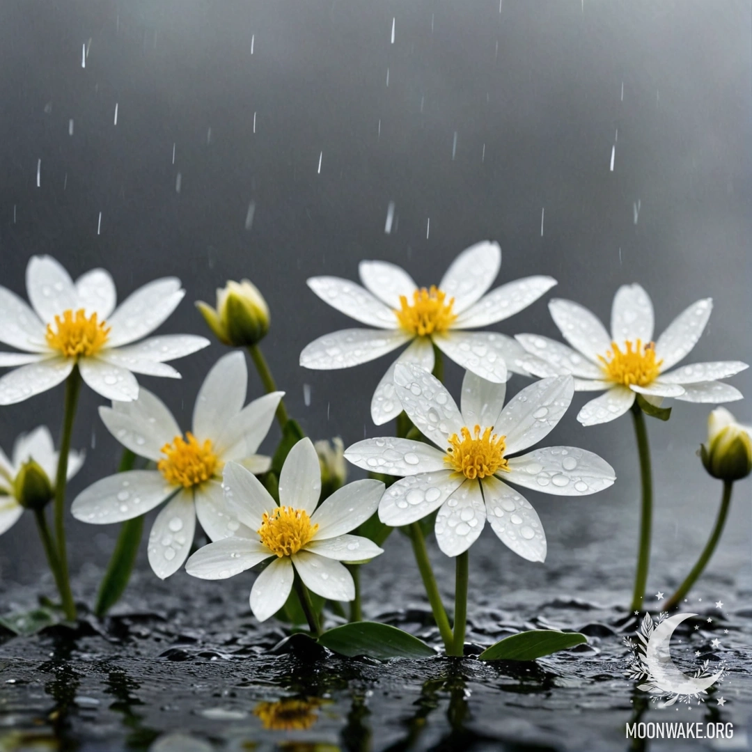 Спокойная картина с нежными белыми цветами, плавающими на водной глади, слегка размытыми падающим дождем.